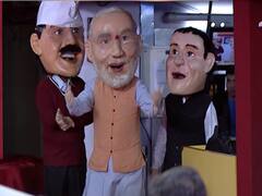 Kejriwal, Modi and Rahul's life-size cartoons in ABP News' newsroom