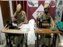 Kannauj: Female police personnel make masks amid corona outbreak