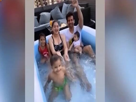 Jay Bhanushali, Mahhi Vij & their children enjoy in mini pool at house 