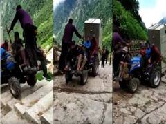 Kedarnath: Tractor carries heavy machinery on mountain top via stairs