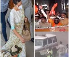 মুম্বই বিমানবন্দর পৌঁছলেন কঙ্গনা, কালো পতাকা হাতে বিক্ষোভ শিবসেনার 