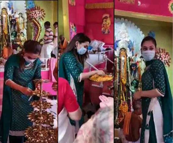 করোনাবিধি মেনে নিজের আবাসনে মহাষ্টমীর পুজোয় সামিল তৃণমূল সাংসদ মিমি চক্রবর্তী