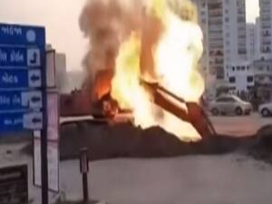 JCB catches fire after gas leak accident in Gujarat's Rajkot 
