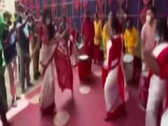 Nusrat Jahan dances and plays Dhak to celebrate Durga pooja