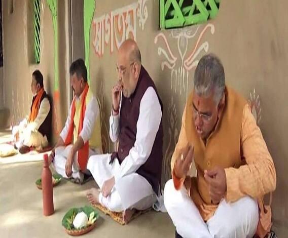 এক ডজন গল্প: উচ্ছে ভাজা-শুক্তো, রসগোল্লা-চাটনি, বঙ্গ সফরে পাত পেড়ে খেলেন অমিত শাহ